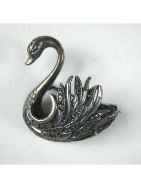 Vintage Sterling Silver Swan Brooch Pin Marcasite Stones 925 Bird